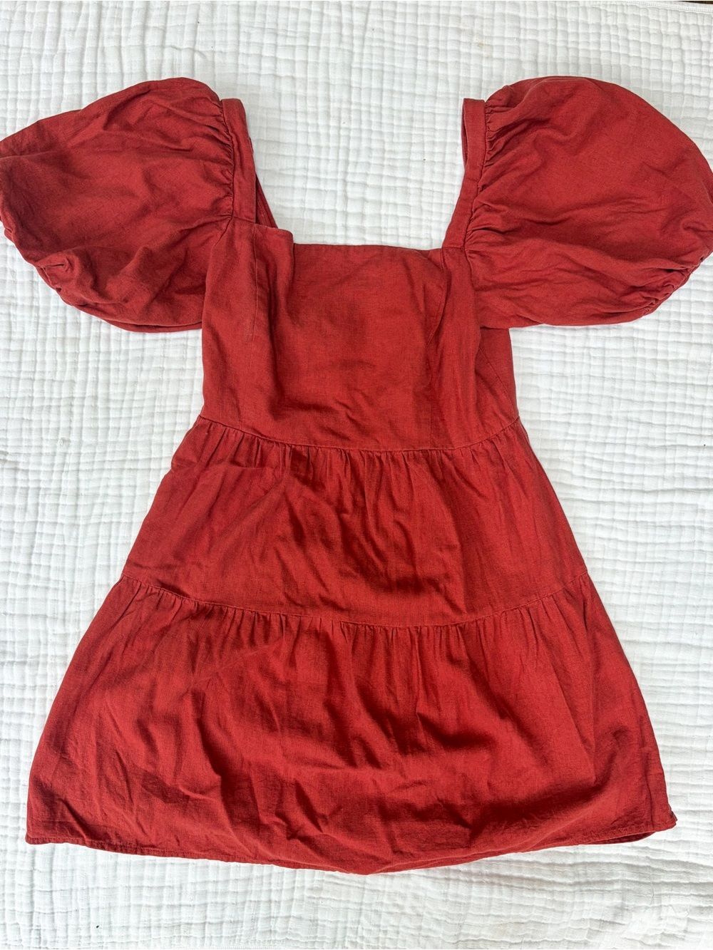 House of Harlow Linen Blend Puff Sleeve Mini Dress Small Rust Red Cottagecore